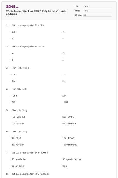 23 câu Trắc nghiệm Toán 6 Bài 7: Phép trừ hai số nguyên có đáp án