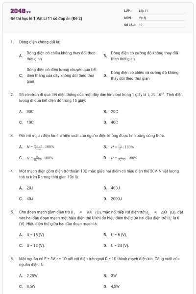 Đề thi học kì 1 Vật Lí 11 có đáp án (Đề 2)