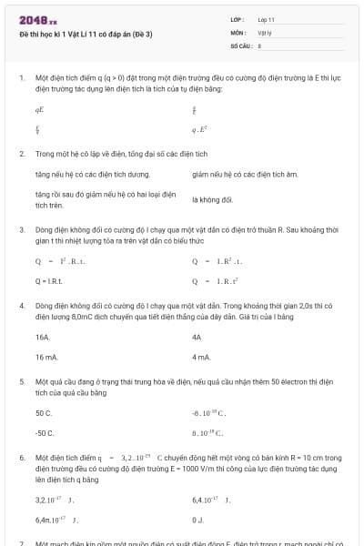 Đề thi học kì 1 Vật Lí 11 có đáp án (Đề 3)