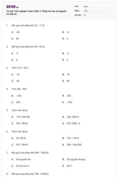 23 câu Trắc nghiệm Toán 6 Bài 7: Phép trừ hai số nguyên có đáp án
