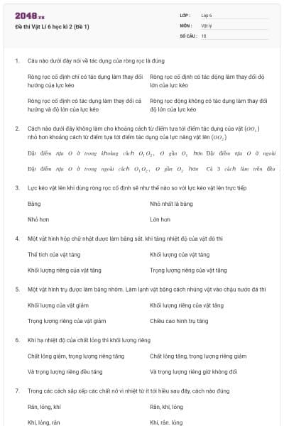 Đề thi Vật Lí 6 học kì 2 (Đề 1)