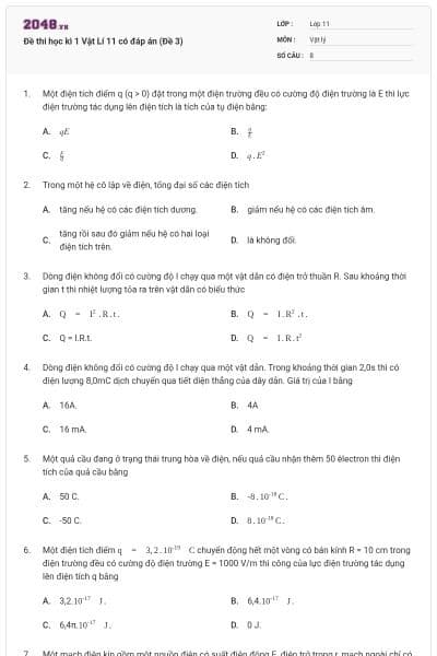 Đề thi học kì 1 Vật Lí 11 có đáp án (Đề 3)