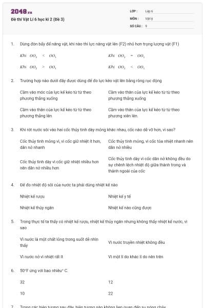 Đề thi Vật Lí 6 học kì 2 (Đề 3)