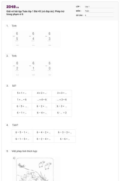 Giải vở bài tập Toán lớp 1 Bài 45 (có đáp án): Phép trừ trong phạm vi 6