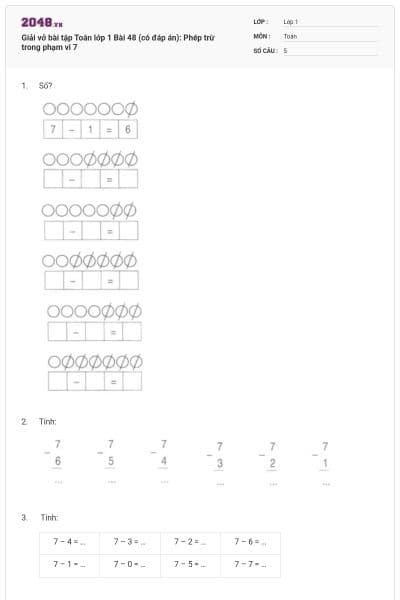 Giải vở bài tập Toán lớp 1 Bài 48 (có đáp án): Phép trừ trong phạm vi 7