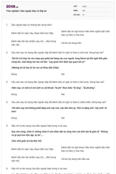 Trắc nghiệm: Dấu ngoặc kép có đáp án