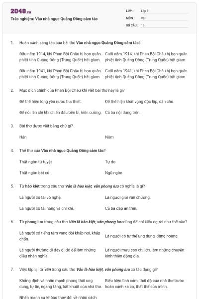 Trắc nghiệm: Vào nhà ngục Quảng Đông cảm tác