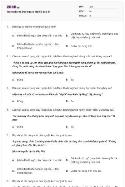 Trắc nghiệm: Dấu ngoặc kép có đáp án