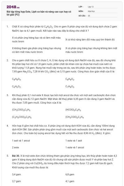 Bài tập tổng hợp Este, Lipit cơ bản và nâng cao cực hay có lời giải (P2)