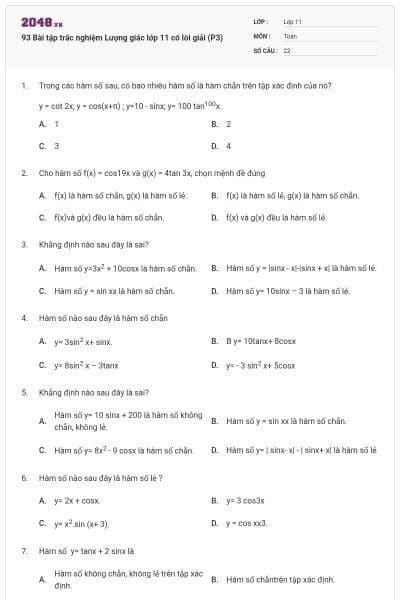 93 Bài tập trắc nghiệm Lượng giác lớp 11 có lời giải (P3)