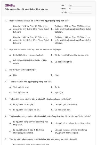 Trắc nghiệm: Vào nhà ngục Quảng Đông cảm tác