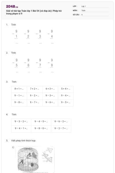 Giải vở bài tập Toán lớp 1 Bài 54 (có đáp án): Phép trừ trong phạm vi 9