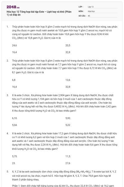 Hóa học 12 Tổng hợp bài tập Este – Lipit hay và khó (Phần 1) có đáp án