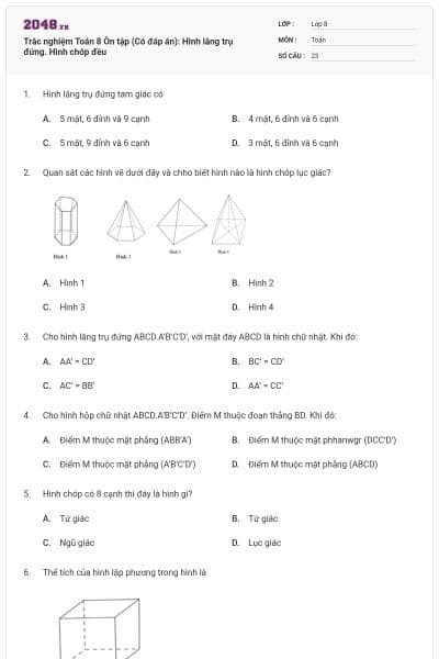 Trắc nghiệm Toán 8 Ôn tập (Có đáp án): Hình lăng trụ đứng. Hình chóp đều