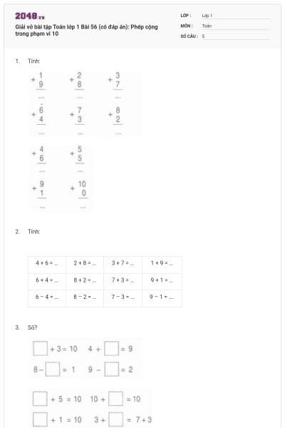 Giải vở bài tập Toán lớp 1 Bài 56 (có đáp án): Phép cộng trong phạm vi 10