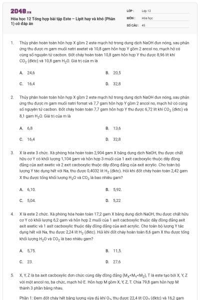 Hóa học 12 Tổng hợp bài tập Este – Lipit hay và khó (Phần 1) có đáp án