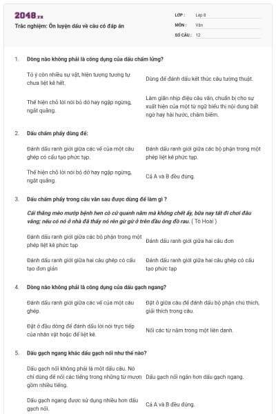 Trắc nghiệm: Ôn luyện dấu về câu có đáp án