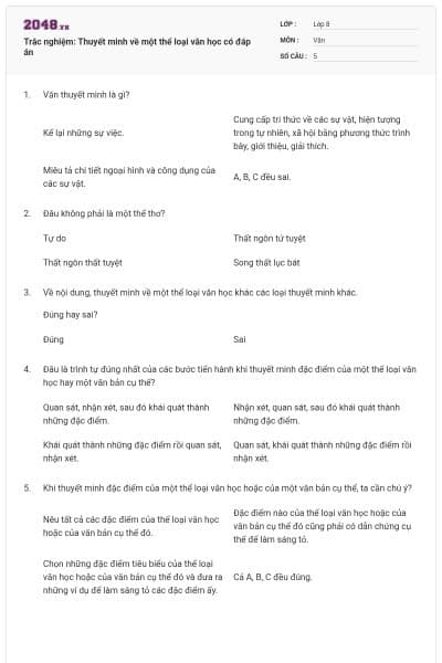 Trắc nghiệm: Thuyết minh về một thể loại văn học có đáp án