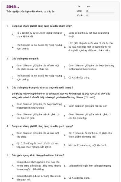 Trắc nghiệm: Ôn luyện dấu về câu có đáp án