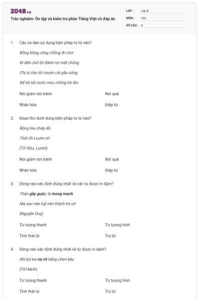 Trắc nghiệm: Ôn tập và kiểm tra phần Tiếng Việt có đáp án