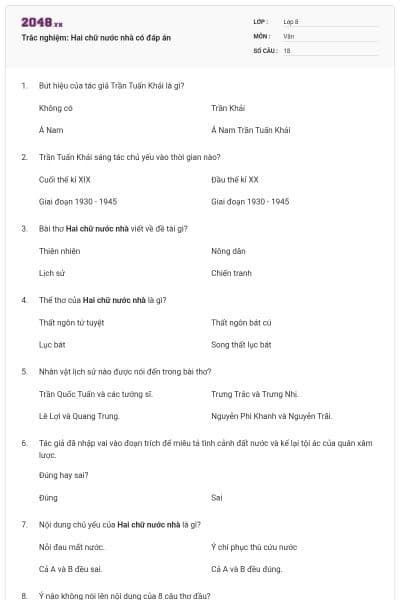 Trắc nghiệm: Hai chữ nước nhà có đáp án