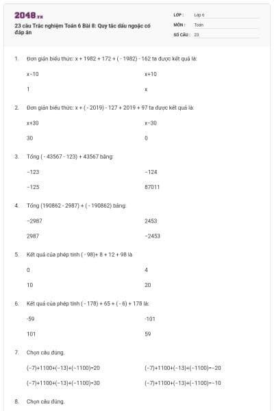23 câu Trắc nghiệm Toán 6 Bài 8: Quy tắc dấu ngoặc có đáp án