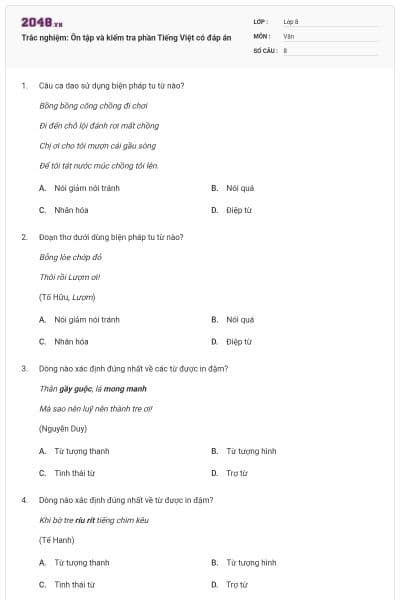 Trắc nghiệm: Ôn tập và kiểm tra phần Tiếng Việt có đáp án