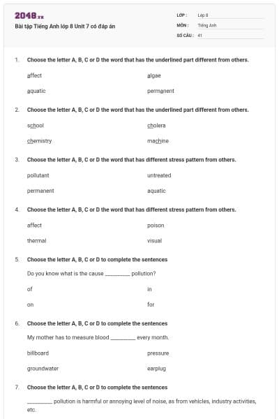 Bài tập Tiếng Anh lớp 8 Unit 7 có đáp án
