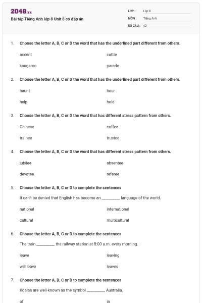 Bài tập Tiếng Anh lớp 8 Unit 8 có đáp án