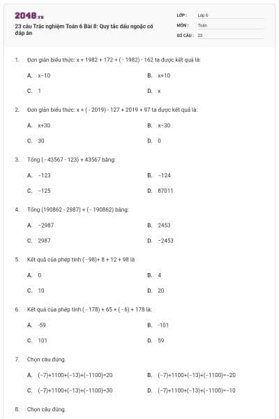 23 câu Trắc nghiệm Toán 6 Bài 8: Quy tắc dấu ngoặc có đáp án