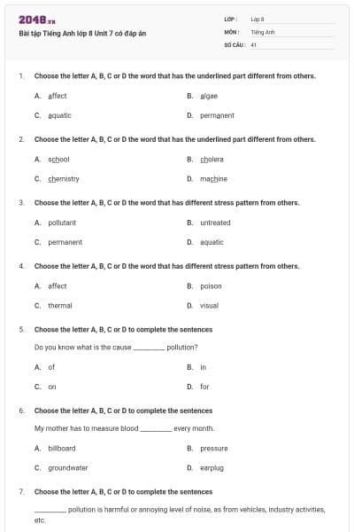 Bài tập Tiếng Anh lớp 8 Unit 7 có đáp án