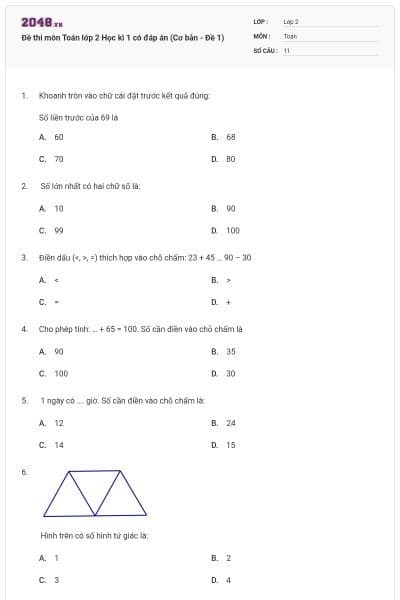 Đề thi môn Toán lớp 2 Học kì 1 có đáp án (Cơ bản - Đề 1)