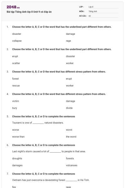 Bài tập Tiếng Anh lớp 8 Unit 9 có đáp án