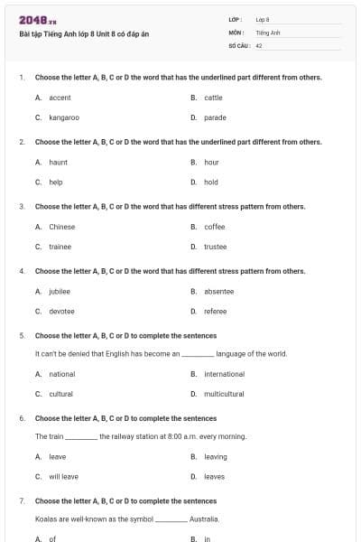 Bài tập Tiếng Anh lớp 8 Unit 8 có đáp án