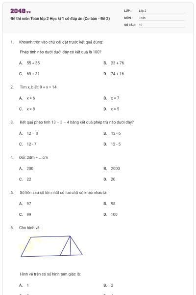 Đề thi môn Toán lớp 2 Học kì 1 có đáp án (Cơ bản - Đề 2)