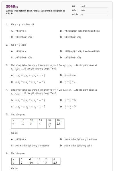 22 câu Trắc nghiệm Toán 7 Bài 3: Đại lượng tỉ lệ nghịch có đáp án