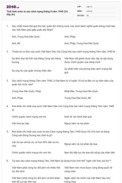 Tình hình nước ta sau cách mạng tháng 8 năm 1945 (Có đáp án)