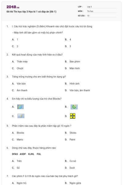 Đề thi Tin học lớp 3 Học kì 1 có đáp án (Đề 1)