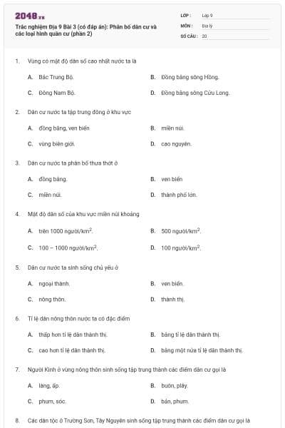 Trắc nghiệm Địa 9 Bài 3 (có đáp án): Phân bố dân cư và các loại hình quần cư (phần 2)
