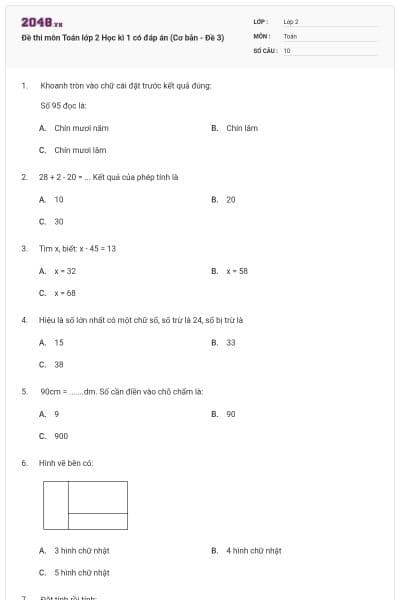 Đề thi môn Toán lớp 2 Học kì 1 có đáp án (Cơ bản - Đề 3)