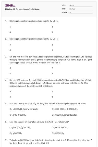 Hóa học 12 Ôn tập chương 1 có đáp án