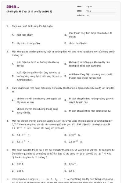 Đề thi giữa kì 2 Vật Lí 11 có đáp án (Đề 1)