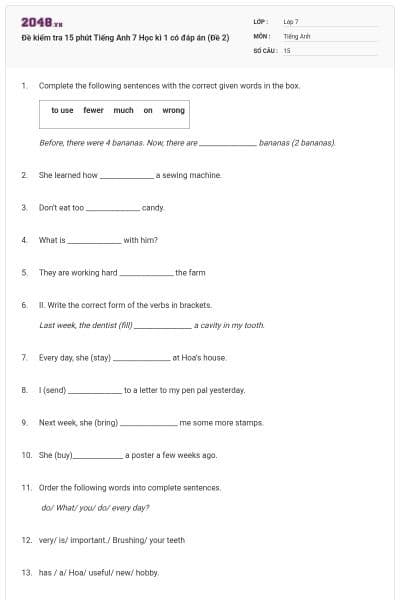 Đề kiểm tra 15 phút Tiếng Anh 7 Học kì 1 có đáp án (Đề 2)