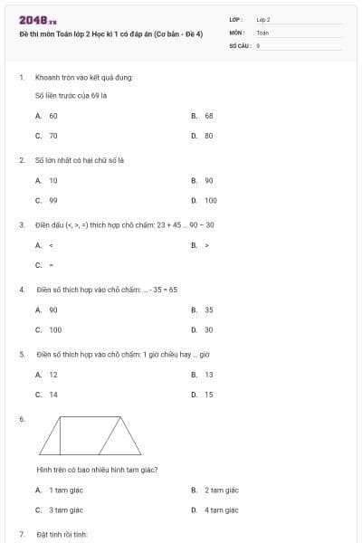 Đề thi môn Toán lớp 2 Học kì 1 có đáp án (Cơ bản - Đề 4)