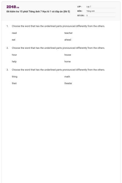 Đề kiểm tra 15 phút Tiếng Anh 7 Học kì 1 có đáp án (Đề 5)