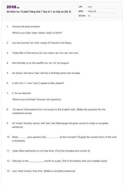 Đề kiểm tra 15 phút Tiếng Anh 7 Học kì 1 có đáp án (Đề 3)