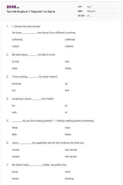 Top 5 Đề thi giữa kì 1 Tiếng Anh 7 có đáp án