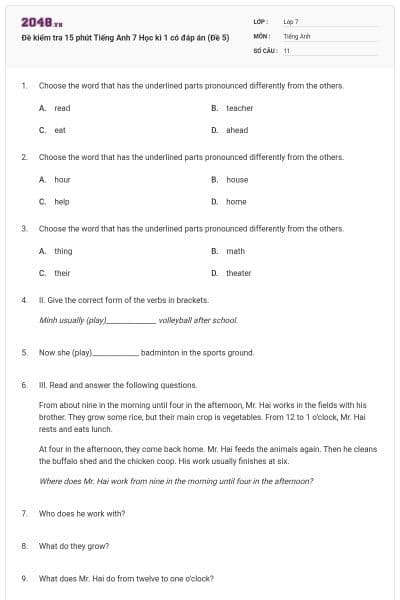 Đề kiểm tra 15 phút Tiếng Anh 7 Học kì 1 có đáp án (Đề 5)