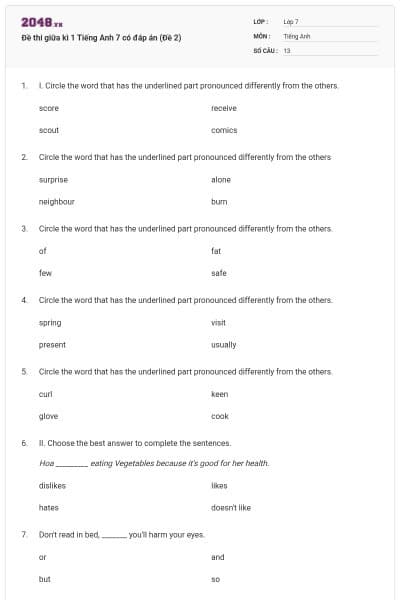 Đề thi giữa kì 1 Tiếng Anh 7 có đáp án (Đề 2)
