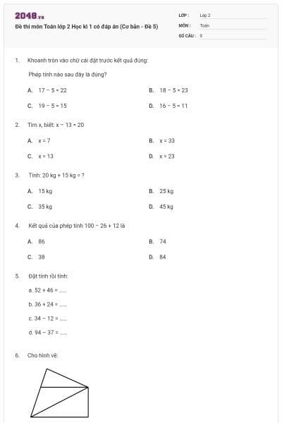 Đề thi môn Toán lớp 2 Học kì 1 có đáp án (Cơ bản - Đề 5)